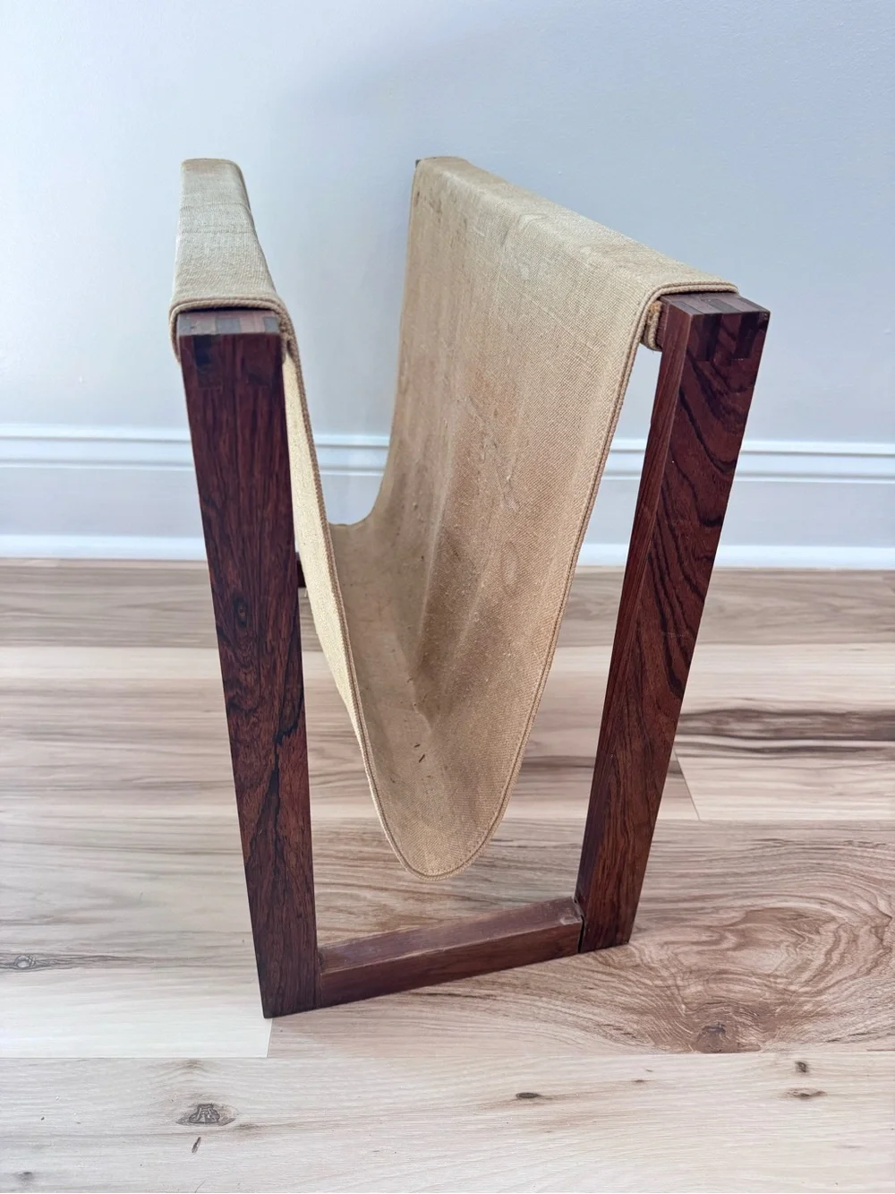 Vintage Mid Century Wooden Magazine Rack Canvas Sling Holder MCM 1960s Decor
